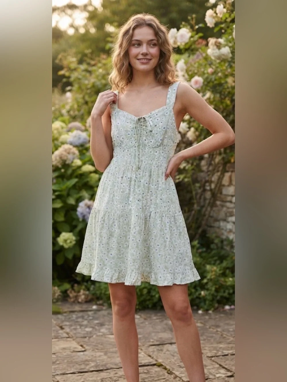 Cotton:On Floral Tiered Mini Dress Sage Green Floral Print Tie Front Size S